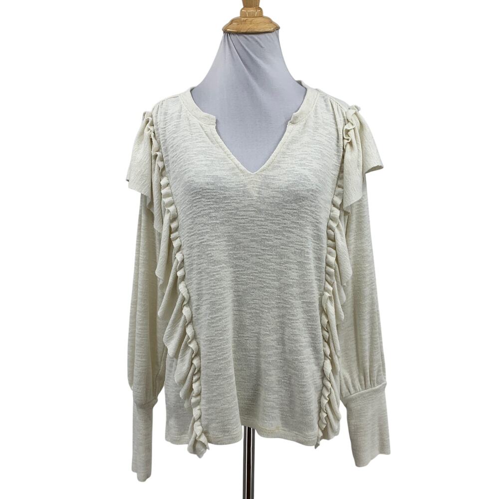 Pilcro Top Womens S Small Ivory Cozy Popover V Neck Ruffle Trim Anthropologie